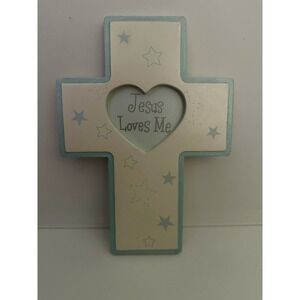 Jesus Loves Me Wood Cross Wall Hanging Blue Boy Stars Decor Christian